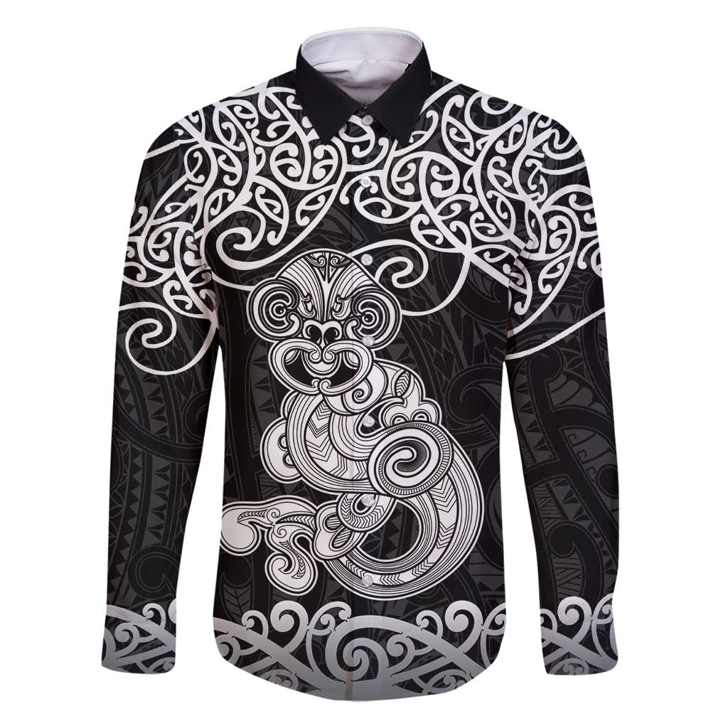 Te Reo Maori Tiki Inspired Art Family Matching Long Sleeve Bodycon Dress and Hawaiian Shirt LT9 Dad's Shirt - Long Sleeve Black - Polynesian Pride