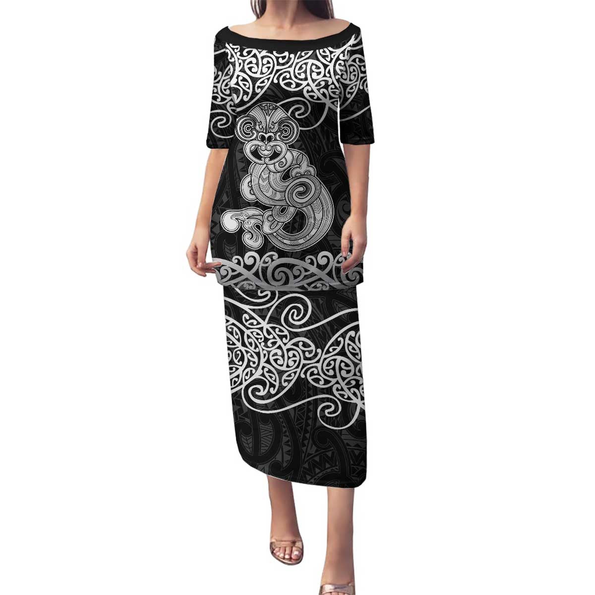 Te Reo Maori Tiki Inspired Art Family Matching Puletasi and Hawaiian Shirt LT9 Mom's Dress Black - Polynesian Pride