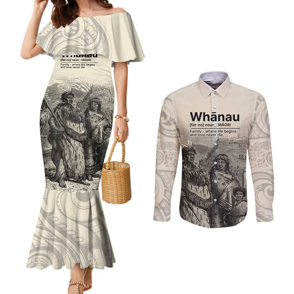 Whanau Maori Language Couples Matching Mermaid Dress and Long Sleeve Button Shirt Te Reo Maori Inspired Art