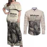 Whanau Maori Language Couples Matching Off Shoulder Maxi Dress and Long Sleeve Button Shirt Te Reo Maori Inspired Art