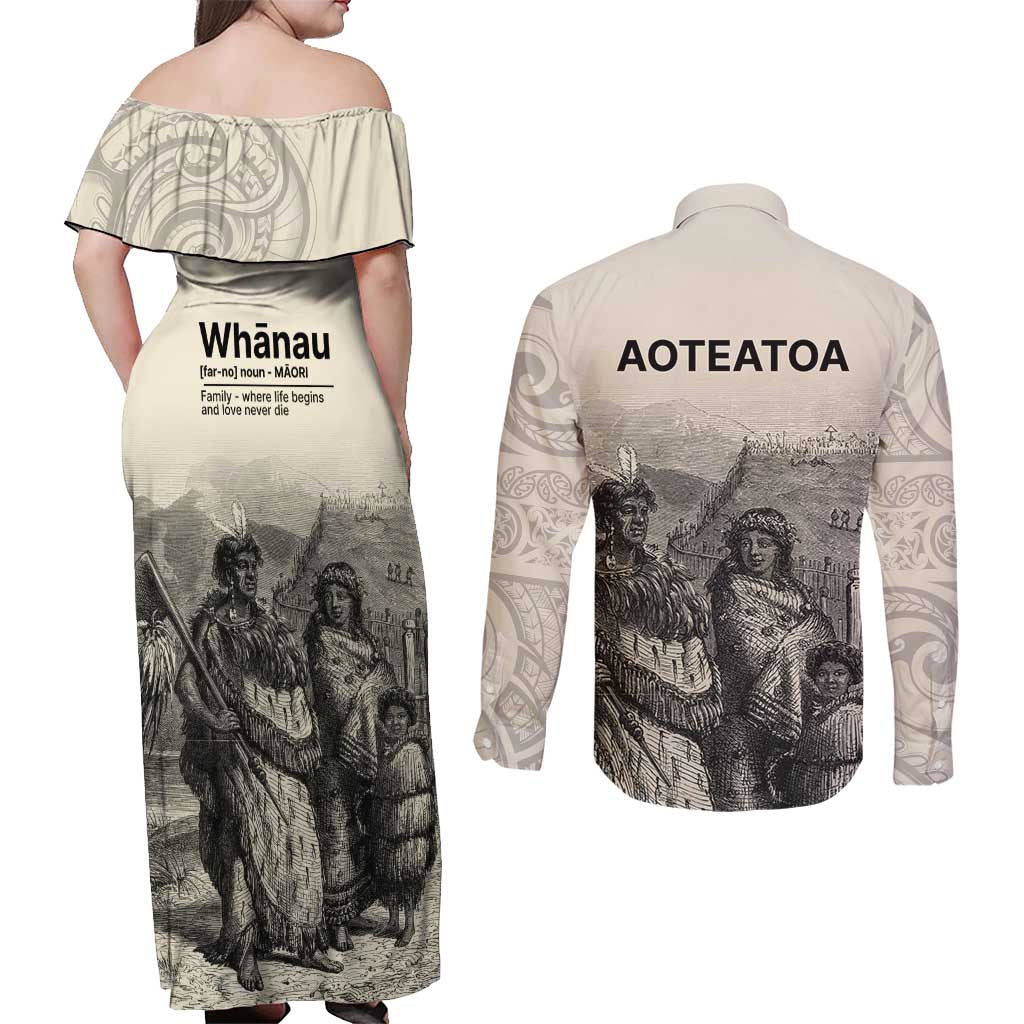 Whanau Maori Language Couples Matching Off Shoulder Maxi Dress and Long Sleeve Button Shirt Te Reo Maori Inspired Art