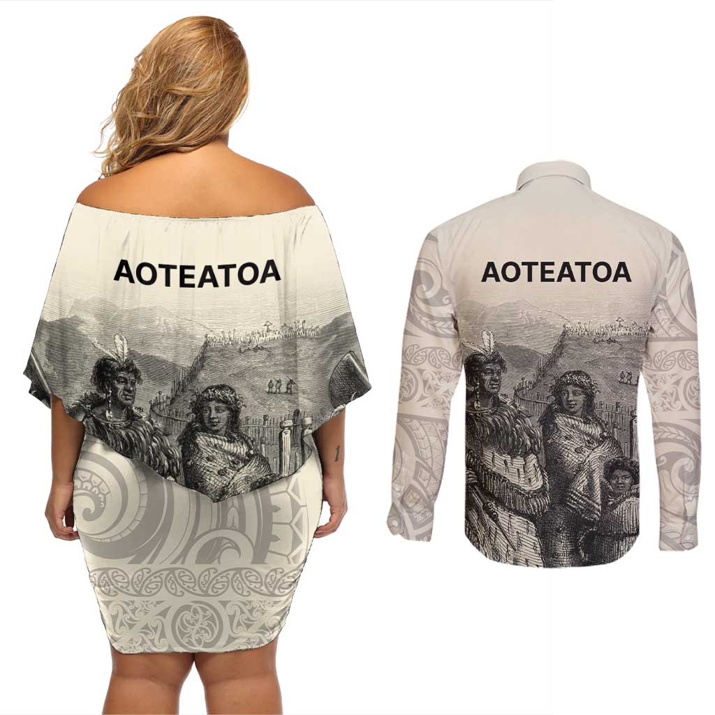 Whanau Maori Language Couples Matching Off Shoulder Short Dress and Long Sleeve Button Shirt Te Reo Maori Inspired Art