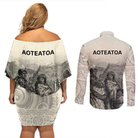 Whanau Maori Language Couples Matching Off Shoulder Short Dress and Long Sleeve Button Shirt Te Reo Maori Inspired Art