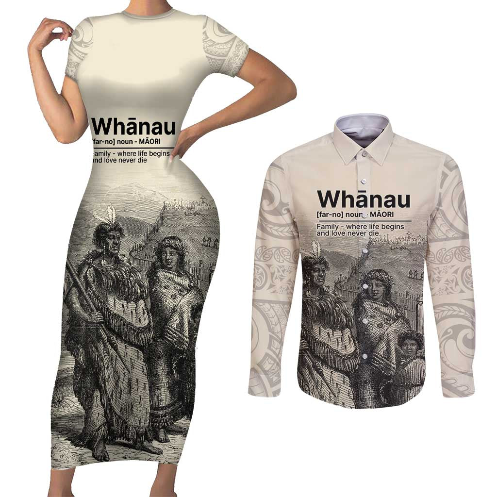 Whanau Maori Language Couples Matching Short Sleeve Bodycon Dress and Long Sleeve Button Shirt Te Reo Maori Inspired Art