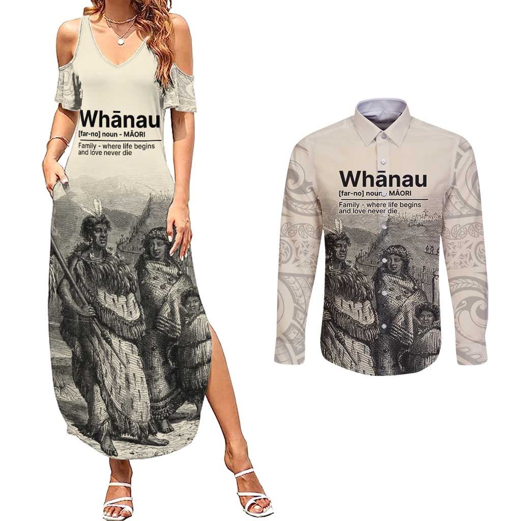 Whanau Maori Language Couples Matching Summer Maxi Dress and Long Sleeve Button Shirt Te Reo Maori Inspired Art