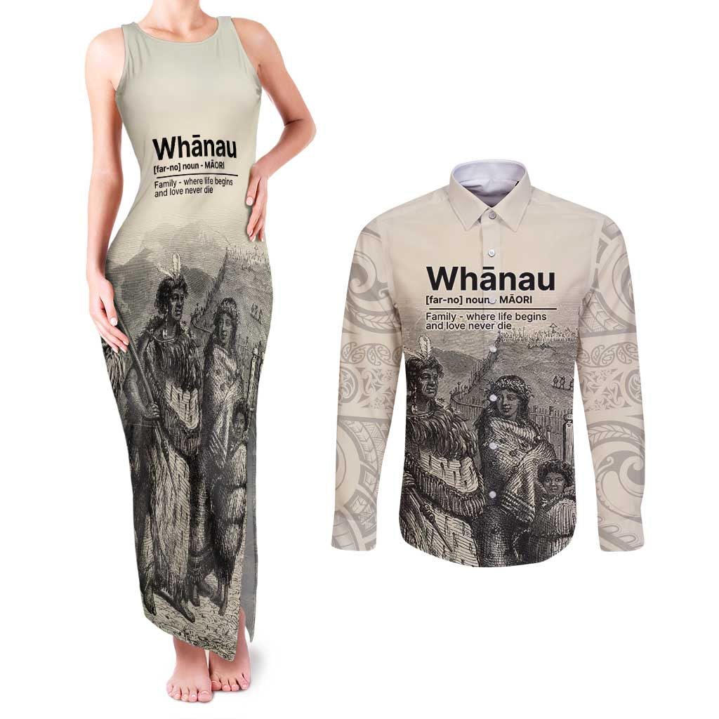 Whanau Maori Language Couples Matching Tank Maxi Dress and Long Sleeve Button Shirt Te Reo Maori Inspired Art