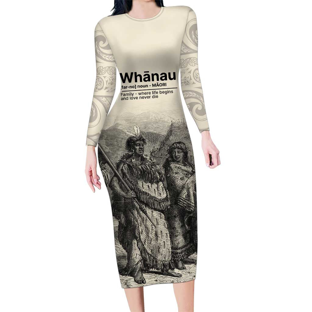 Whanau Maori Language Family Matching Long Sleeve Bodycon Dress and Hawaiian Shirt Te Reo Maori Inspired Art LT9 Mom's Dress Nude - Polynesian Pride