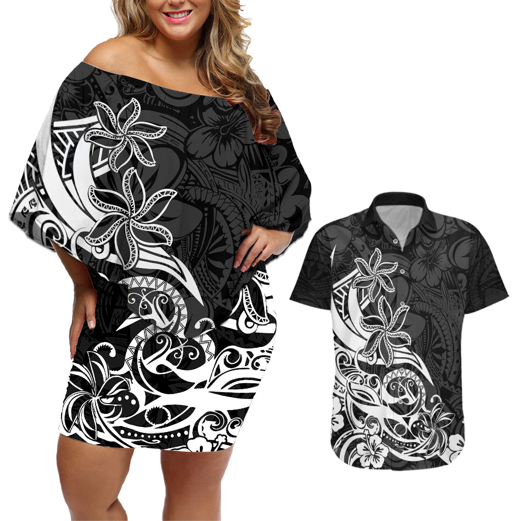 Polynesian Sunset Plumeria Couples Matching Off Shoulder Short Dress and Hawaiian Shirt Pacific Island Tribal Black Style LT9 Black - Polynesian Pride