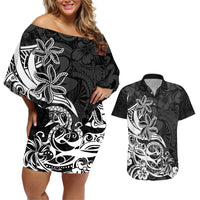 Polynesian Sunset Plumeria Couples Matching Off Shoulder Short Dress and Hawaiian Shirt Pacific Island Tribal Black Style LT9 Black - Polynesian Pride