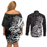 Polynesian Sunset Plumeria Couples Matching Off Shoulder Short Dress and Long Sleeve Button Shirts Pacific Island Tribal Black Style LT9 - Polynesian Pride