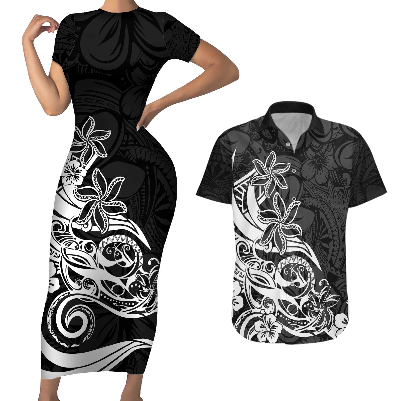 Polynesian Sunset Plumeria Couples Matching Short Sleeve Bodycon Dress and Hawaiian Shirt Pacific Island Tribal Black Style LT9 Black - Polynesian Pride