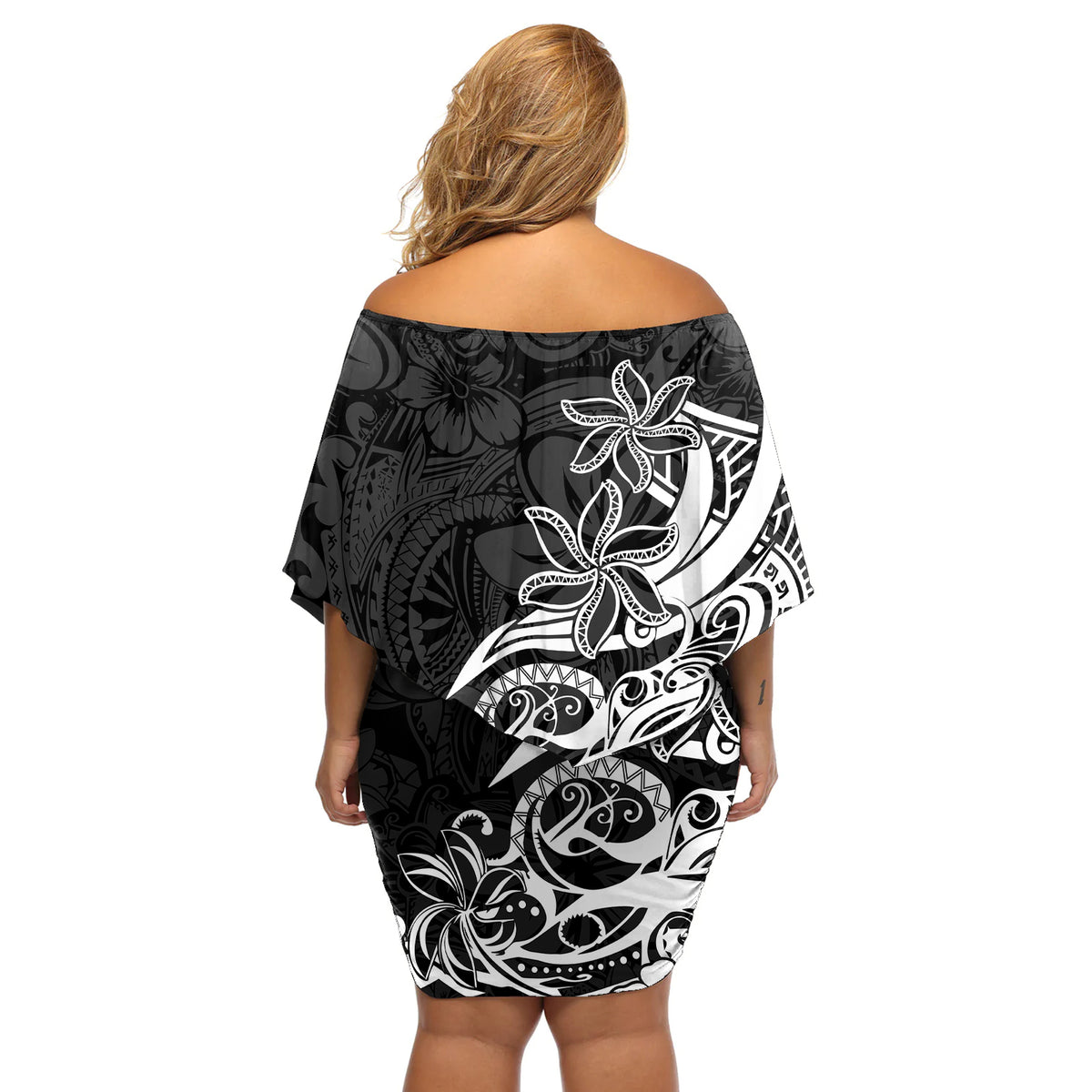 Polynesian Sunset Plumeria Off Shoulder Short Dress Pacific Island Tribal Black Style LT9 - Polynesian Pride