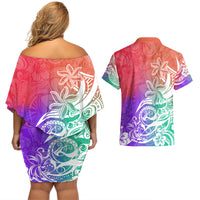 Polynesian Sunset Plumeria Couples Matching Off Shoulder Short Dress and Hawaiian Shirt Pacific Island Tribal Blossom Style LT9 - Polynesian Pride