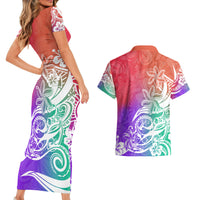 Polynesian Sunset Plumeria Couples Matching Short Sleeve Bodycon Dress and Hawaiian Shirt Pacific Island Tribal Blossom Style LT9 - Polynesian Pride