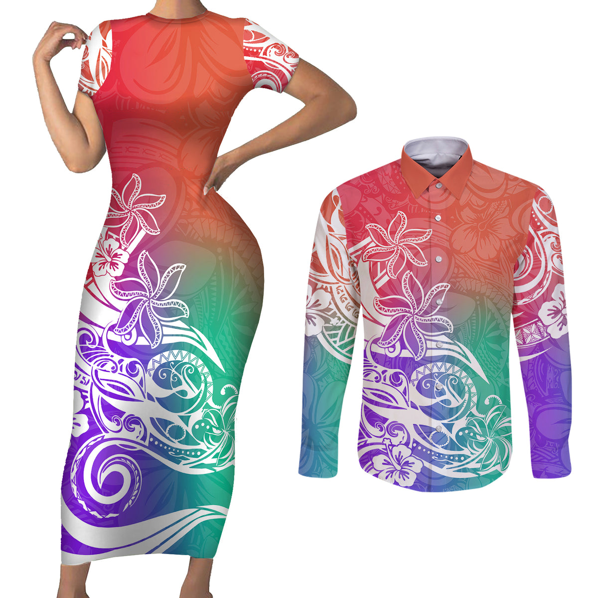 Polynesian Sunset Plumeria Couples Matching Short Sleeve Bodycon Dress and Long Sleeve Button Shirts Pacific Island Tribal Blossom Style LT9 Blossom - Polynesian Pride