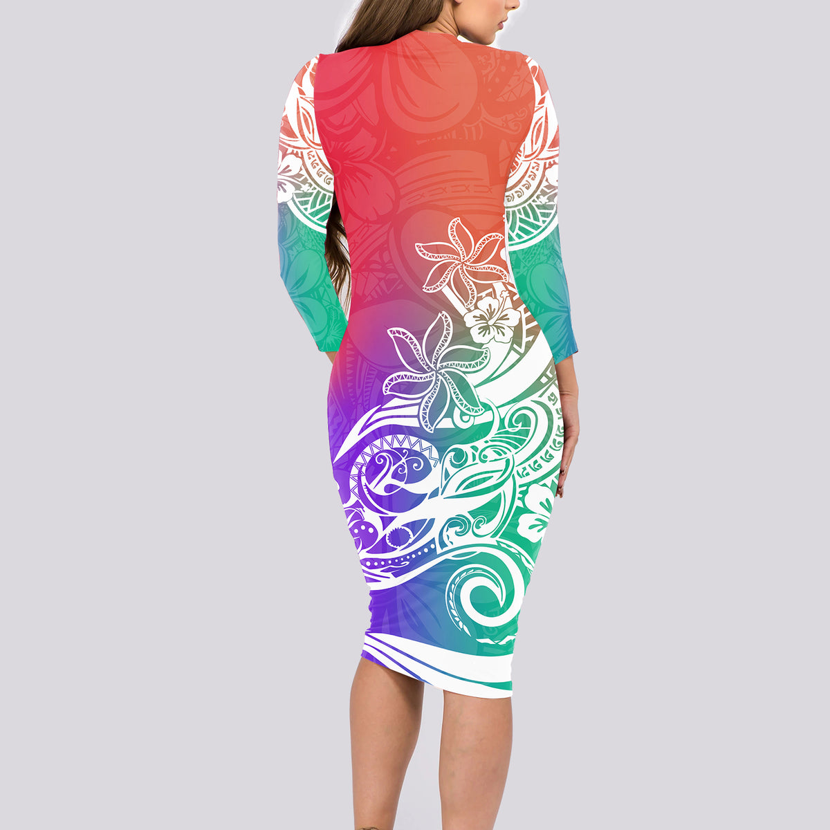 Polynesian Sunset Plumeria Long Sleeve Bodycon Dress Pacific Island Tribal Blossom Style LT9 - Polynesian Pride