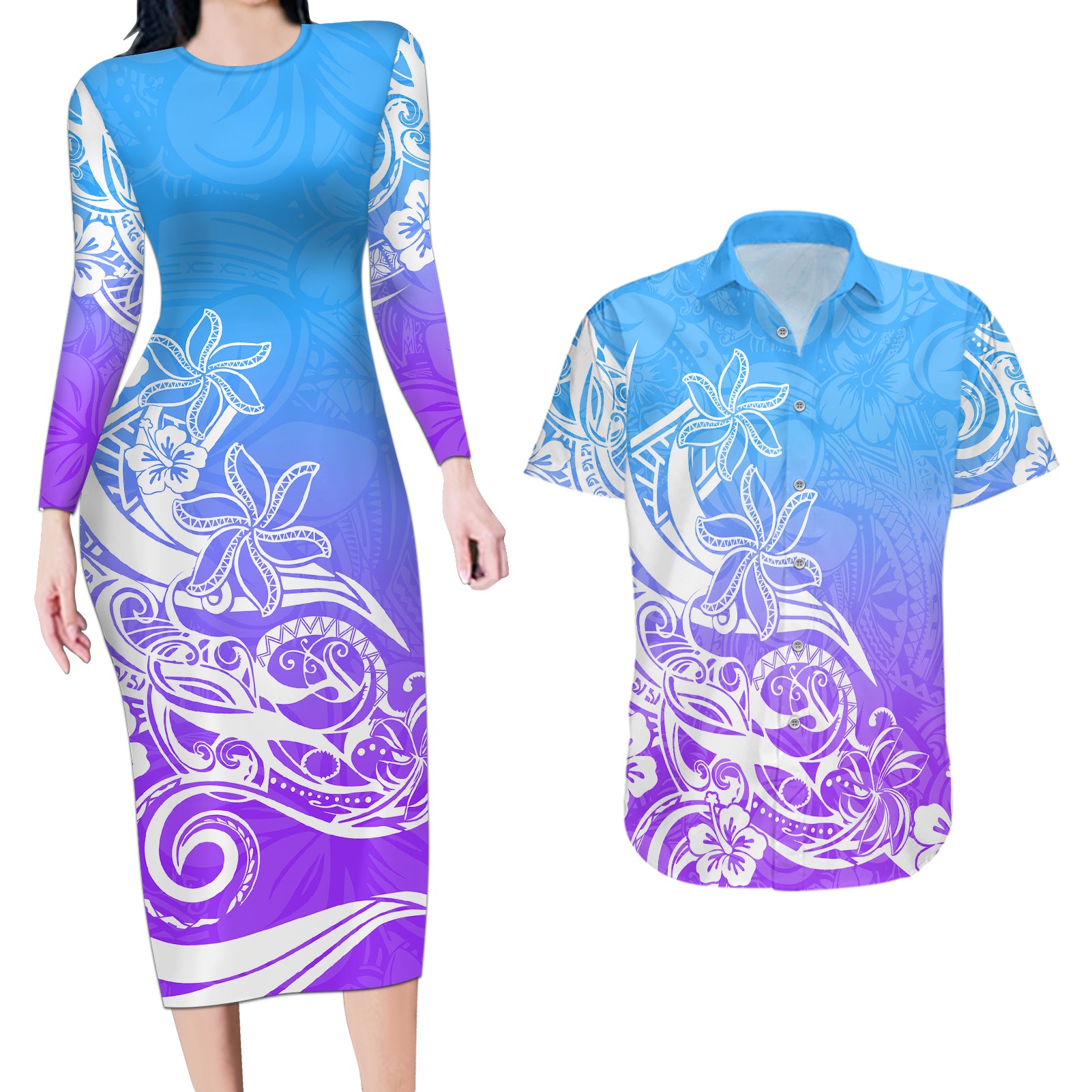 Polynesian Sunset Plumeria Couples Matching Long Sleeve Bodycon Dress and Hawaiian Shirt Pacific Island Tribal Blue Style LT9 Blue - Polynesian Pride