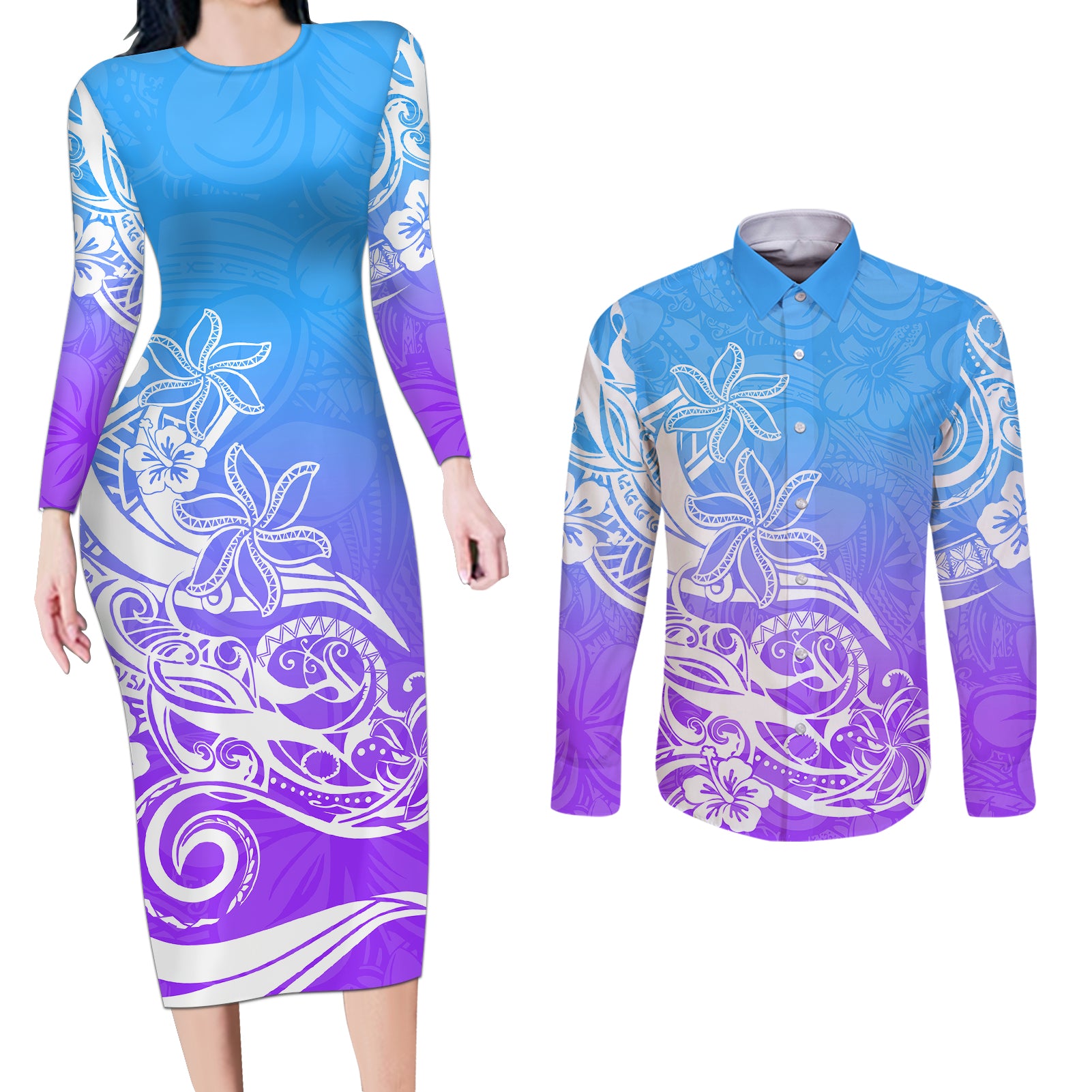 Polynesian Sunset Plumeria Couples Matching Long Sleeve Bodycon Dress and Long Sleeve Button Shirts Pacific Island Tribal Blue Style LT9 Blue - Polynesian Pride