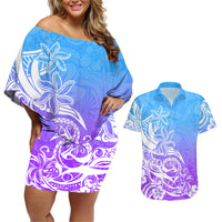 Polynesian Sunset Plumeria Couples Matching Off Shoulder Short Dress and Hawaiian Shirt Pacific Island Tribal Blue Style LT9 Blue - Polynesian Pride