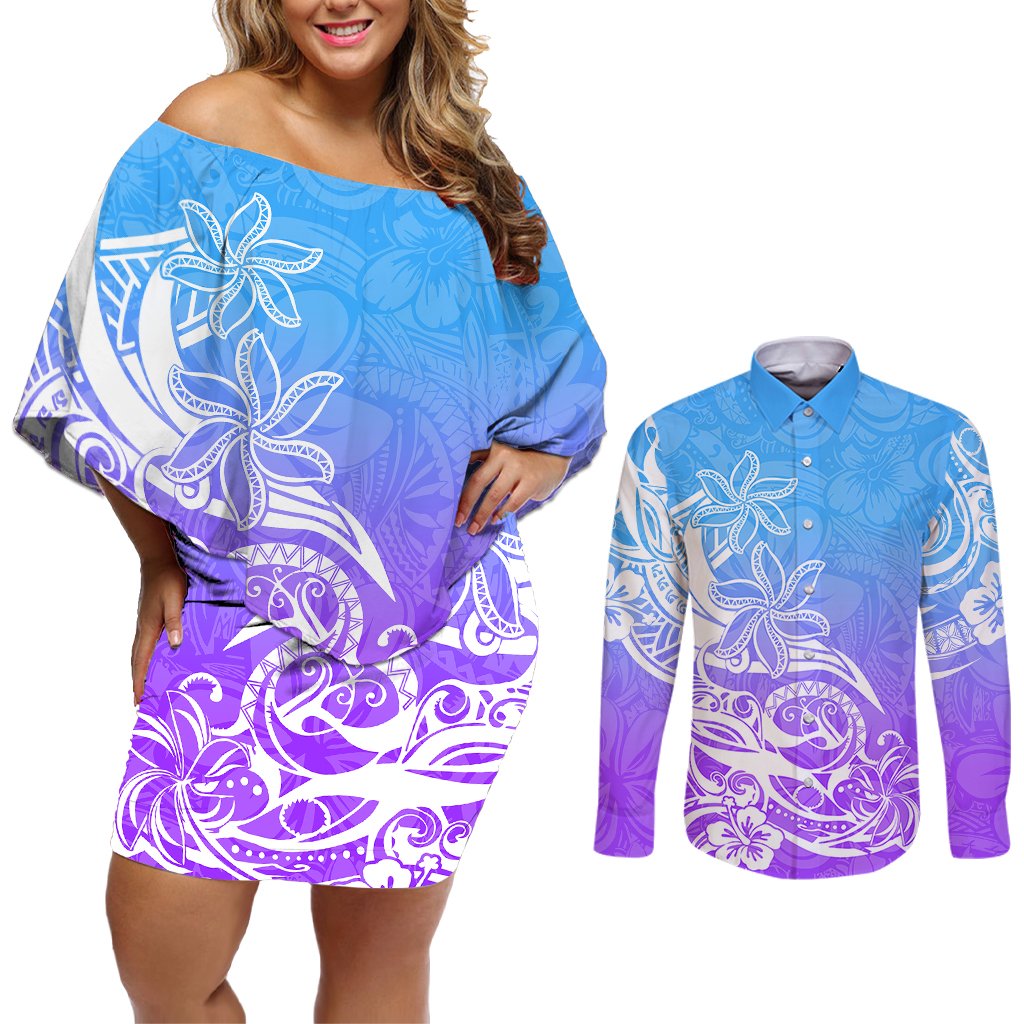 Polynesian Sunset Plumeria Couples Matching Off Shoulder Short Dress and Long Sleeve Button Shirts Pacific Island Tribal Blue Style LT9 Blue - Polynesian Pride