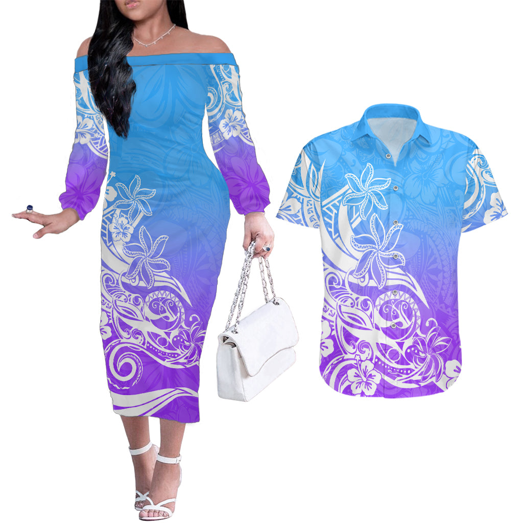 Polynesian Sunset Plumeria Couples Matching Off The Shoulder Long Sleeve Dress and Hawaiian Shirt Pacific Island Tribal Blue Style LT9 Blue - Polynesian Pride