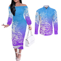 Polynesian Sunset Plumeria Couples Matching Off The Shoulder Long Sleeve Dress and Long Sleeve Button Shirts Pacific Island Tribal Blue Style LT9 Blue - Polynesian Pride