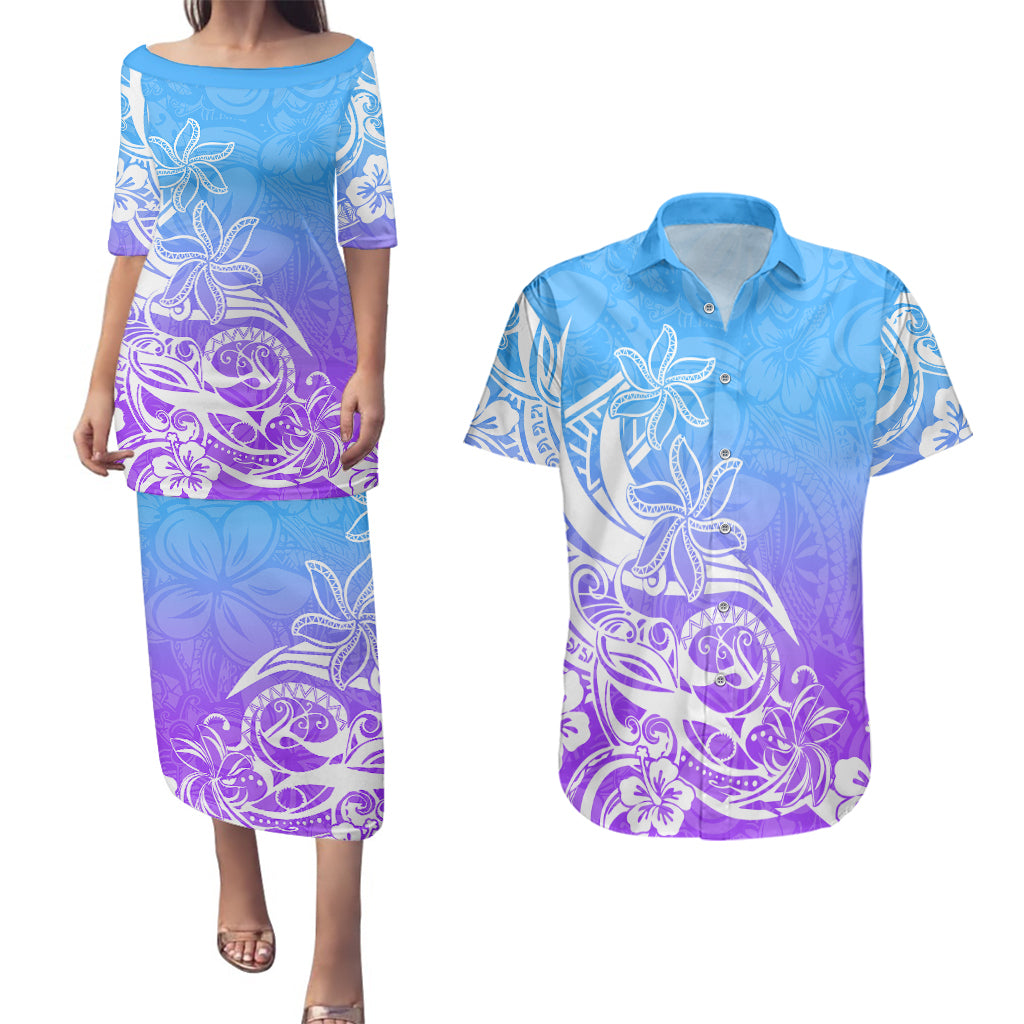 Polynesian Sunset Plumeria Couples Matching Puletasi Dress and Hawaiian Shirt Pacific Island Tribal Blue Style LT9 Blue - Polynesian Pride