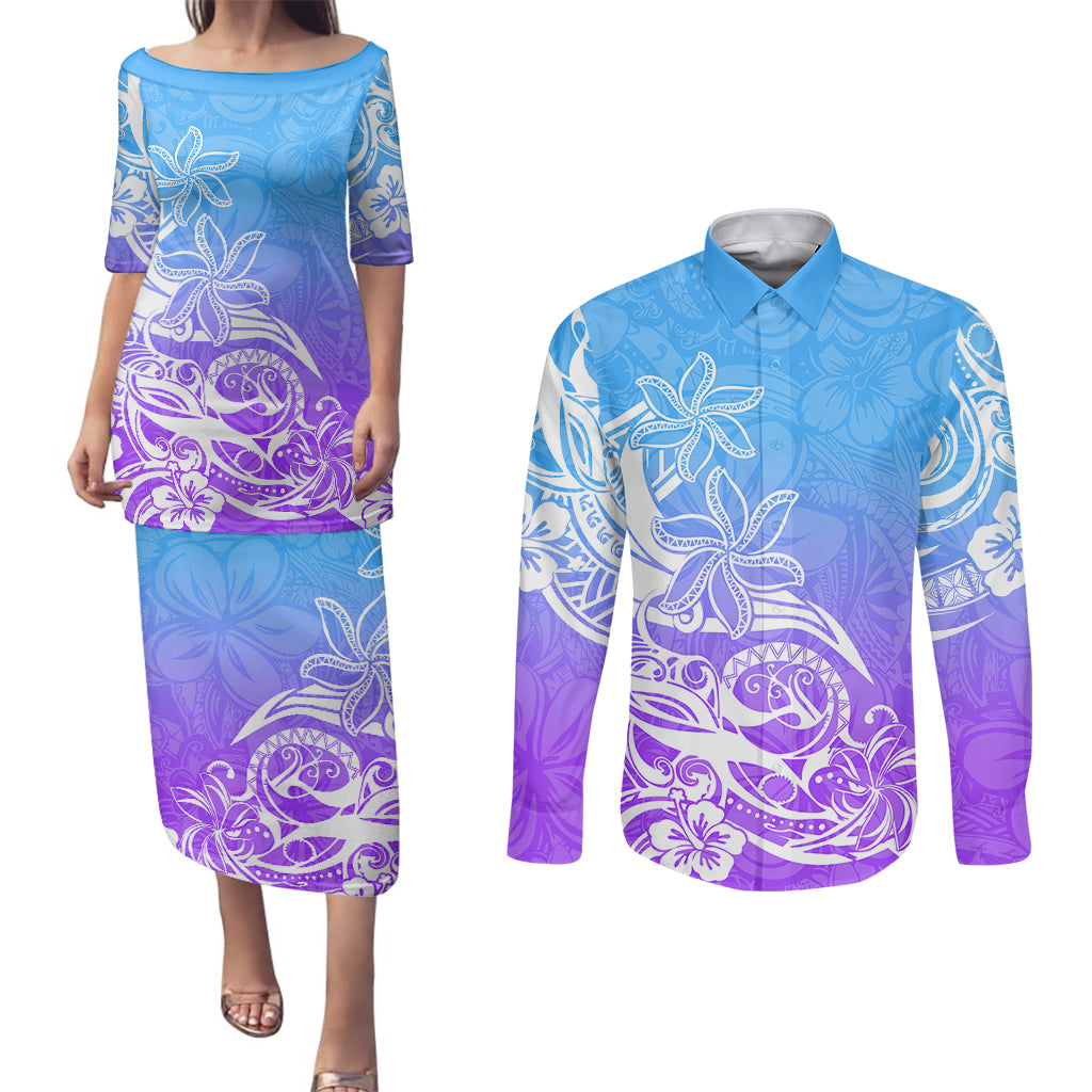Polynesian Sunset Plumeria Couples Matching Puletasi Dress and Long Sleeve Button Shirts Pacific Island Tribal Blue Style LT9 Blue - Polynesian Pride