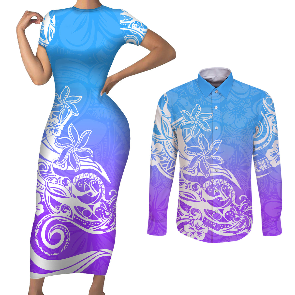 Polynesian Sunset Plumeria Couples Matching Short Sleeve Bodycon Dress and Long Sleeve Button Shirts Pacific Island Tribal Blue Style LT9 Blue - Polynesian Pride