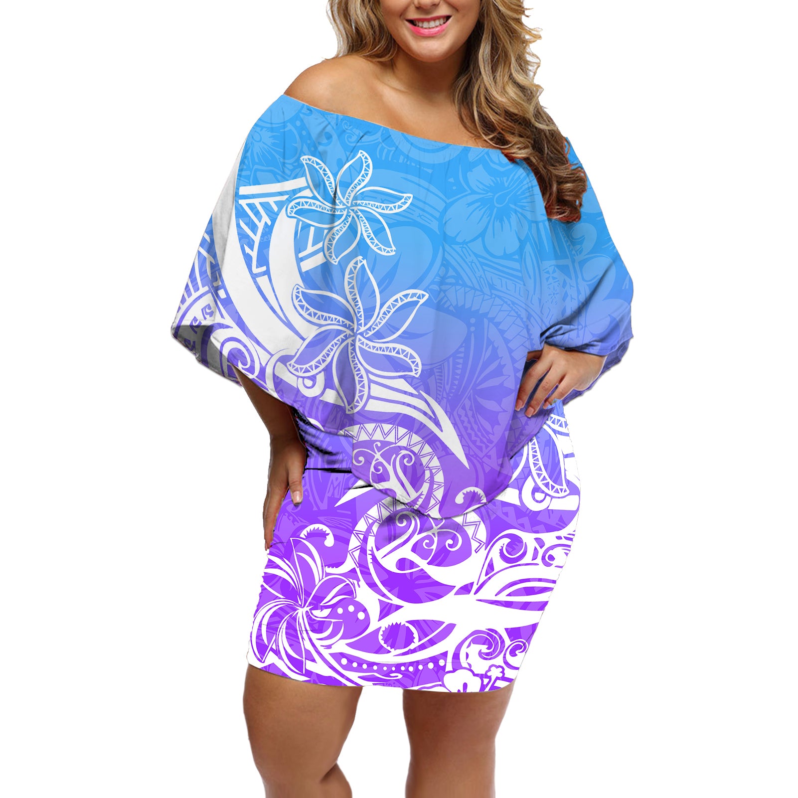 Polynesian Sunset Plumeria Off Shoulder Short Dress Pacific Island Tribal Blue Style LT9 Women Blue - Polynesian Pride