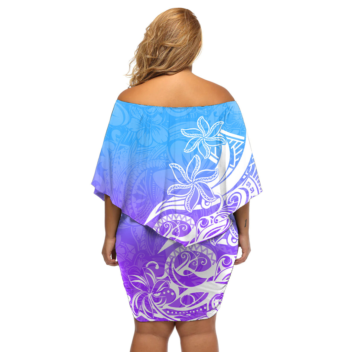 Polynesian Sunset Plumeria Off Shoulder Short Dress Pacific Island Tribal Blue Style LT9 - Polynesian Pride