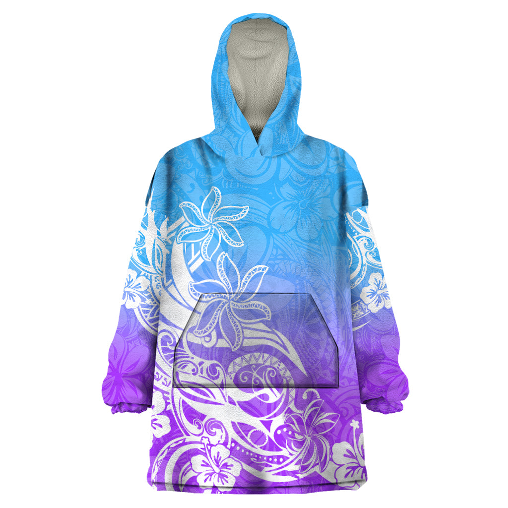 Polynesian Sunset Plumeria Wearable Blanket Hoodie Pacific Island Tribal Blue Style LT9 One Size Blue - Polynesian Pride