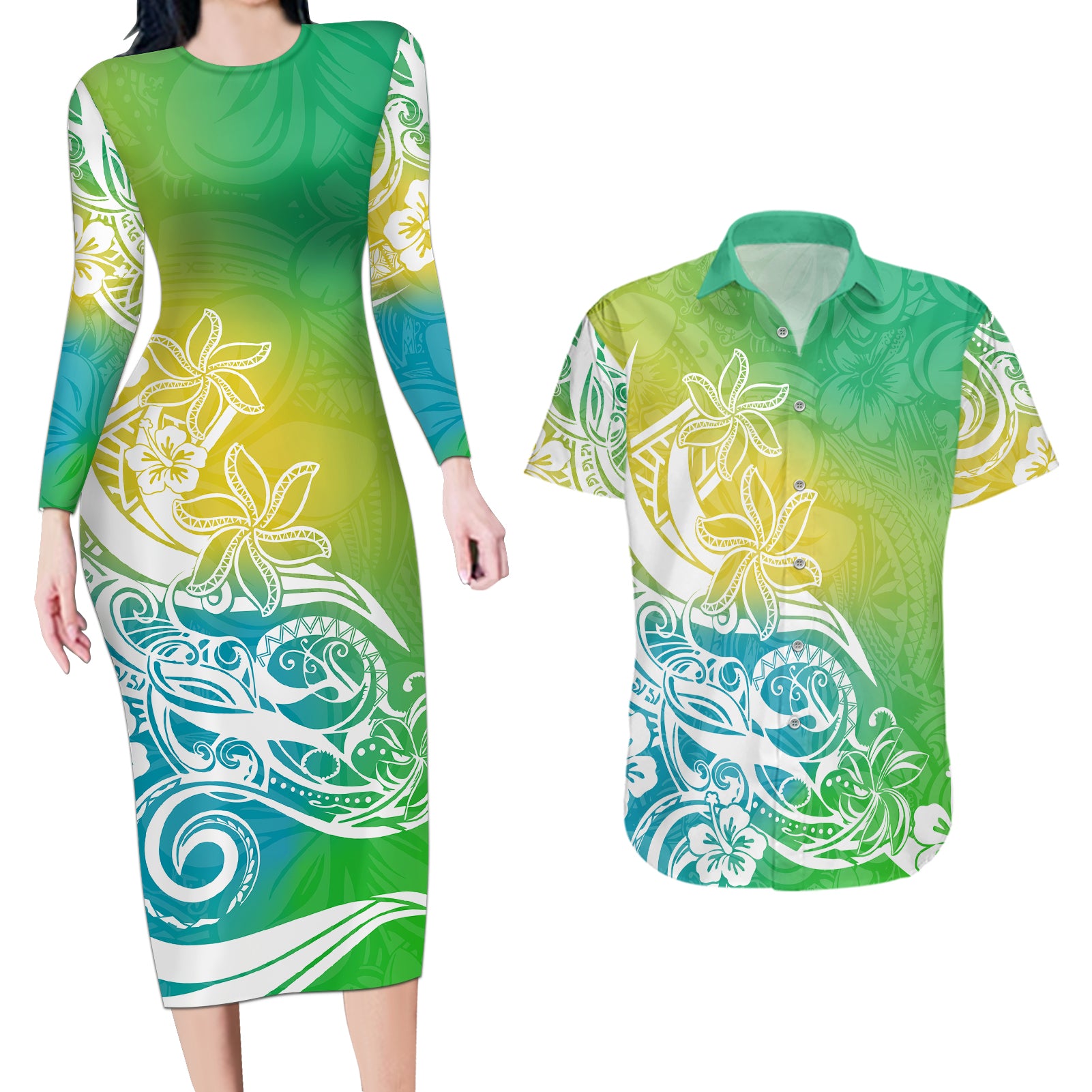 Polynesian Sunset Plumeria Couples Matching Long Sleeve Bodycon Dress and Hawaiian Shirt Pacific Island Tribal Green Style LT9 Green - Polynesian Pride