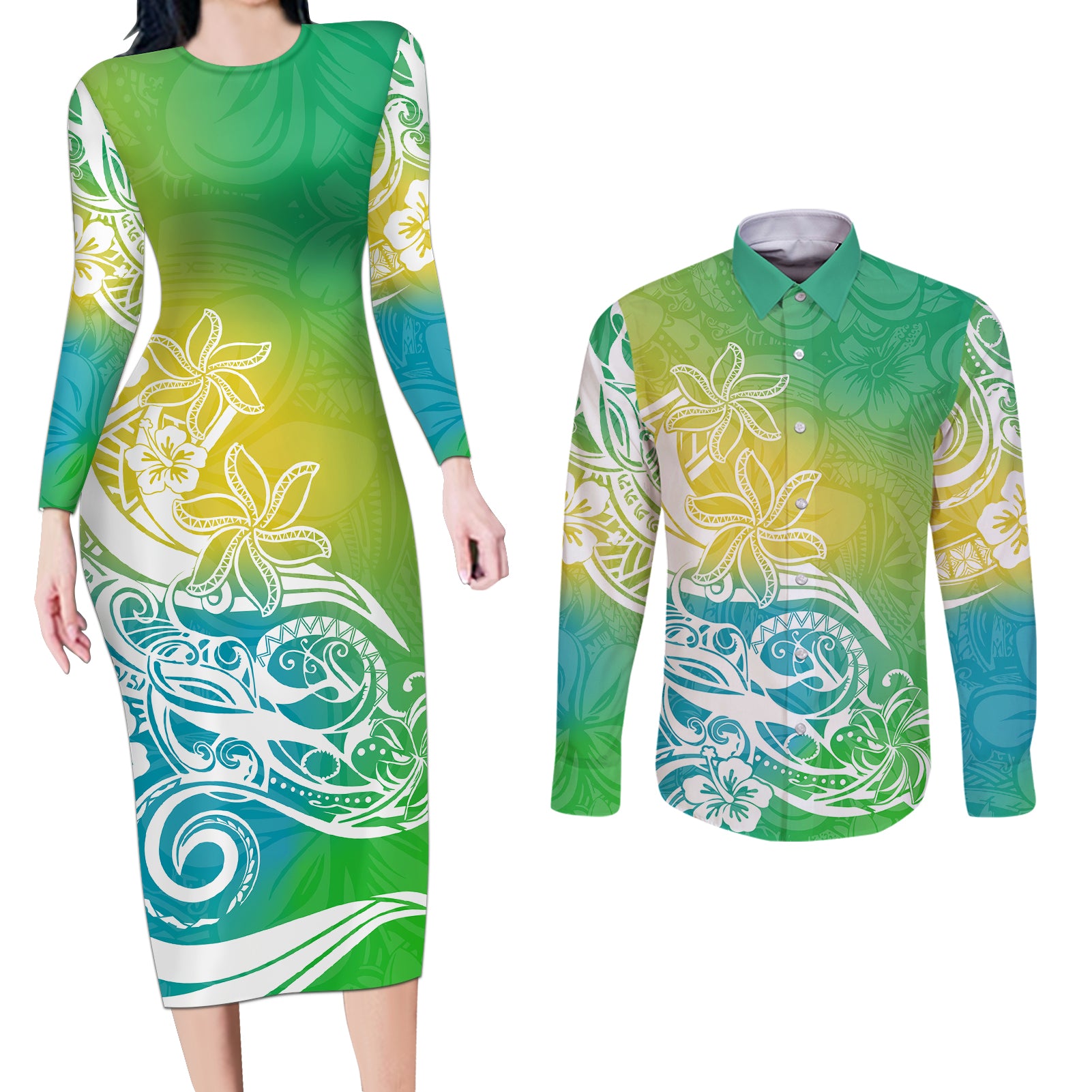 Polynesian Sunset Plumeria Couples Matching Long Sleeve Bodycon Dress and Long Sleeve Button Shirts Pacific Island Tribal Green Style LT9 Green - Polynesian Pride