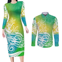 Polynesian Sunset Plumeria Couples Matching Long Sleeve Bodycon Dress and Long Sleeve Button Shirts Pacific Island Tribal Green Style LT9 Green - Polynesian Pride