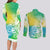 Polynesian Sunset Plumeria Couples Matching Long Sleeve Bodycon Dress and Long Sleeve Button Shirts Pacific Island Tribal Green Style LT9 - Polynesian Pride