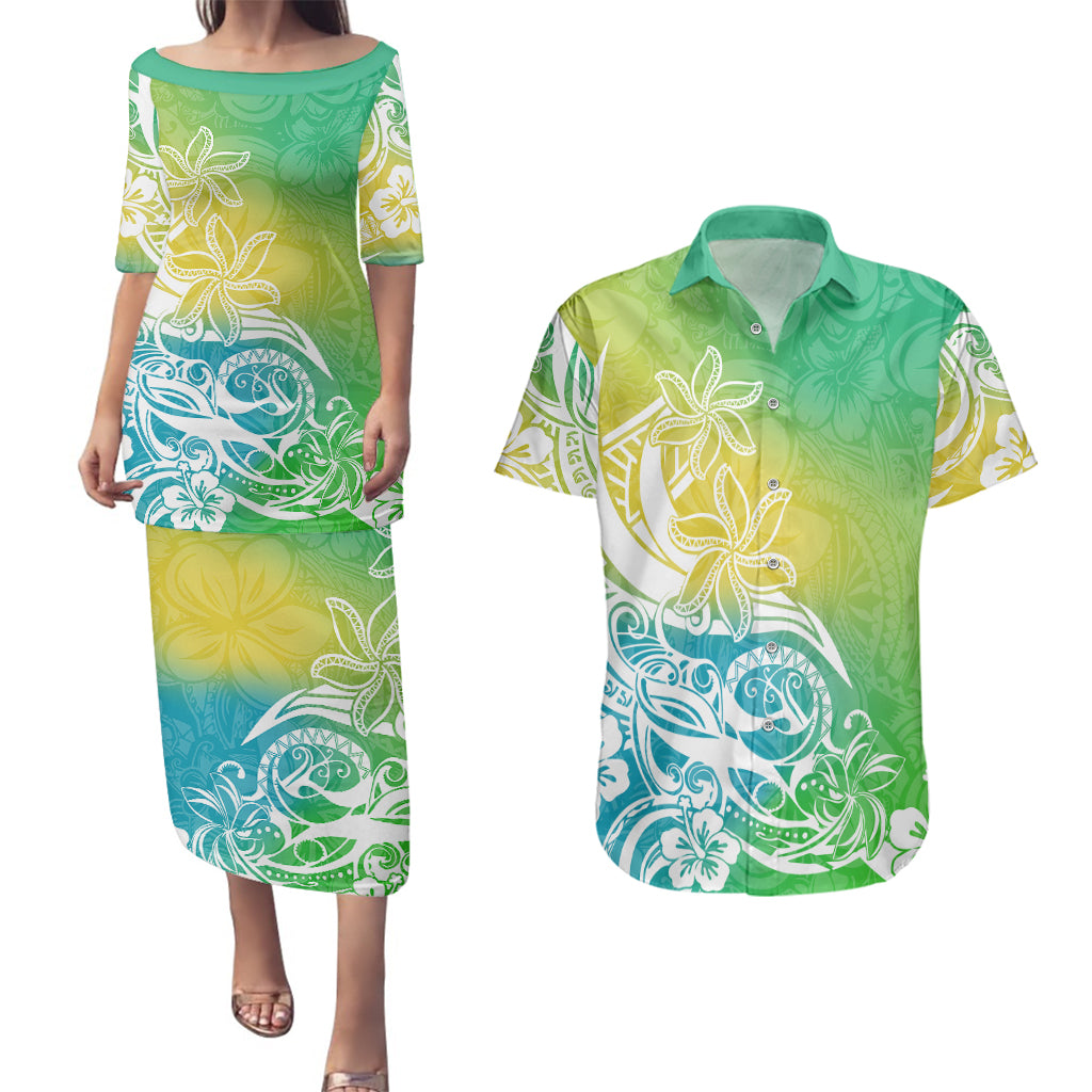 Polynesian Sunset Plumeria Couples Matching Puletasi Dress and Hawaiian Shirt Pacific Island Tribal Green Style LT9 Green - Polynesian Pride