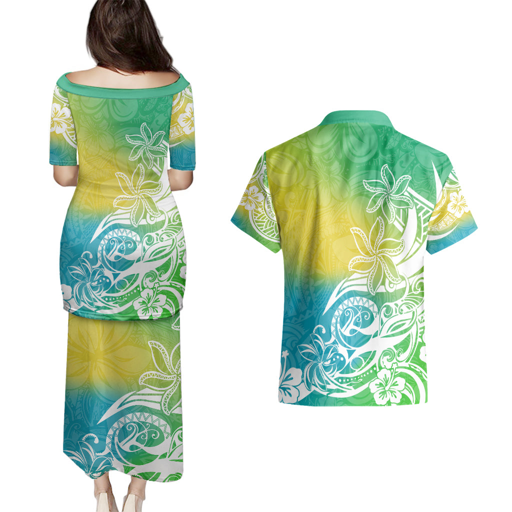 Polynesian Sunset Plumeria Couples Matching Puletasi Dress and Hawaiian Shirt Pacific Island Tribal Green Style LT9 - Polynesian Pride