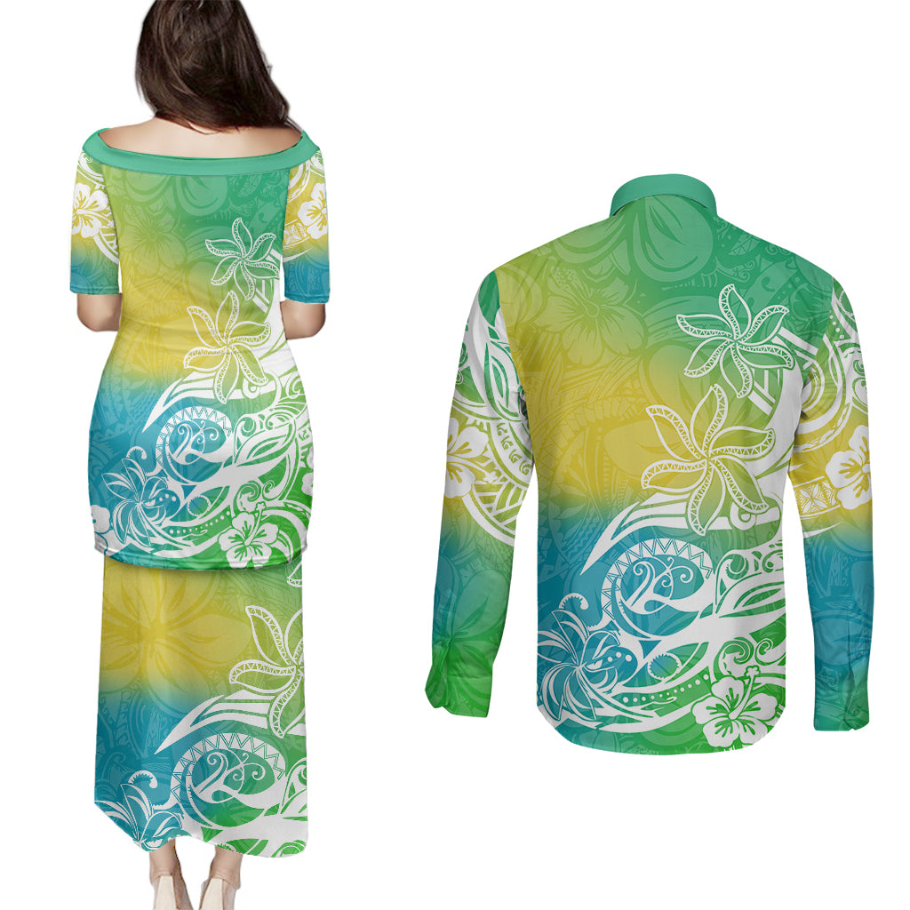 Polynesian Sunset Plumeria Couples Matching Puletasi Dress and Long Sleeve Button Shirts Pacific Island Tribal Green Style LT9 - Polynesian Pride