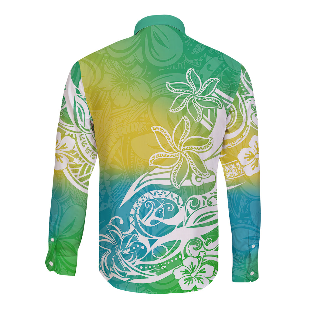 Polynesian Sunset Plumeria Long Sleeve Button Shirt Pacific Island Tribal Green Style LT9 - Polynesian Pride