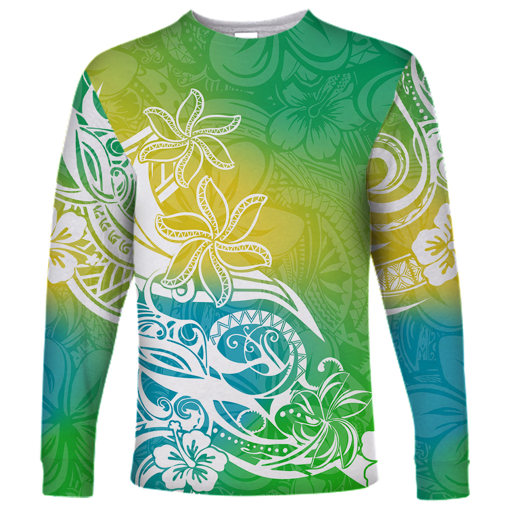 Polynesian Sunset Plumeria Long Sleeve Shirt Pacific Island Tribal Green Style LT9 Unisex Green - Polynesian Pride