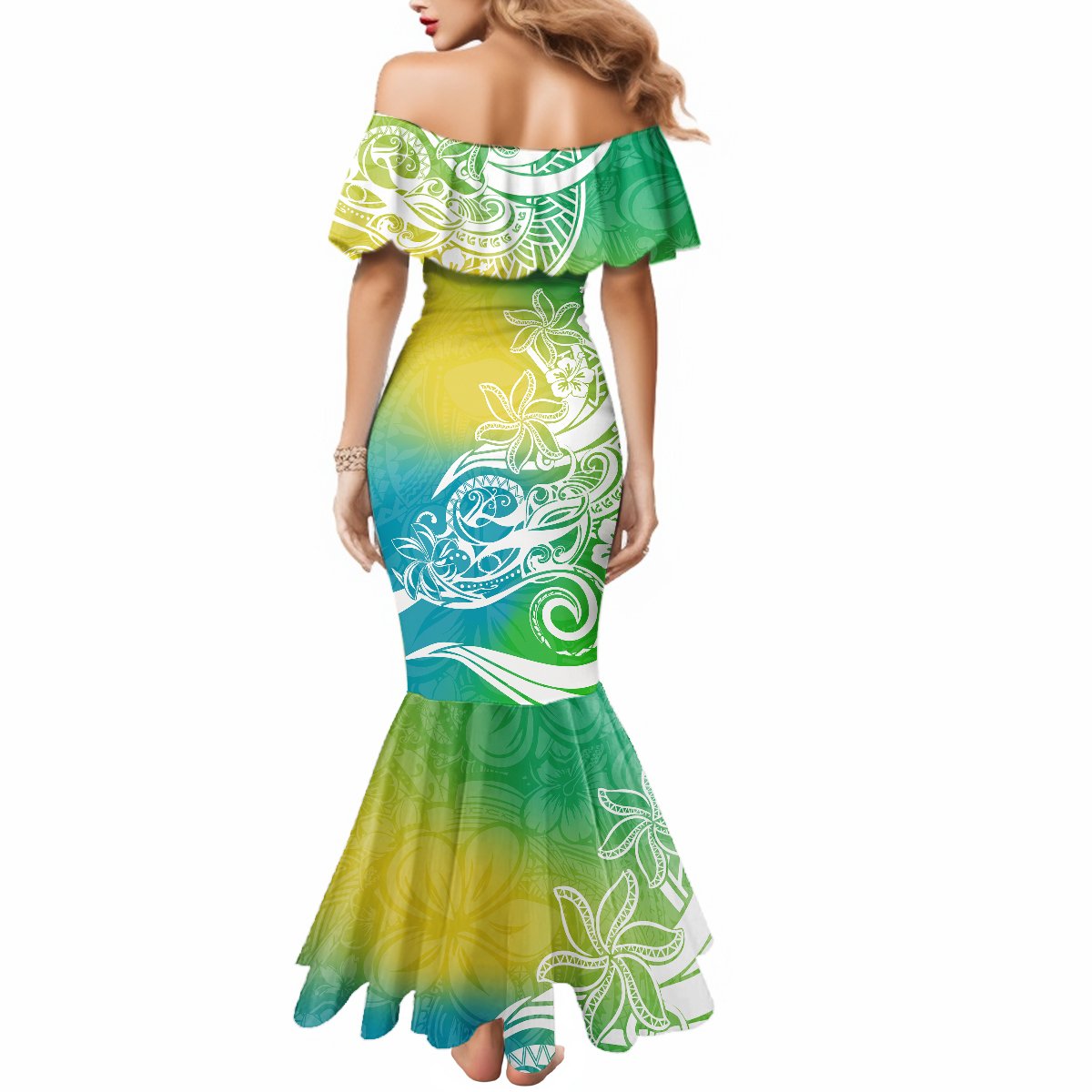 Polynesian Sunset Plumeria Mermaid Dress Pacific Island Tribal Green Style LT9 - Polynesian Pride