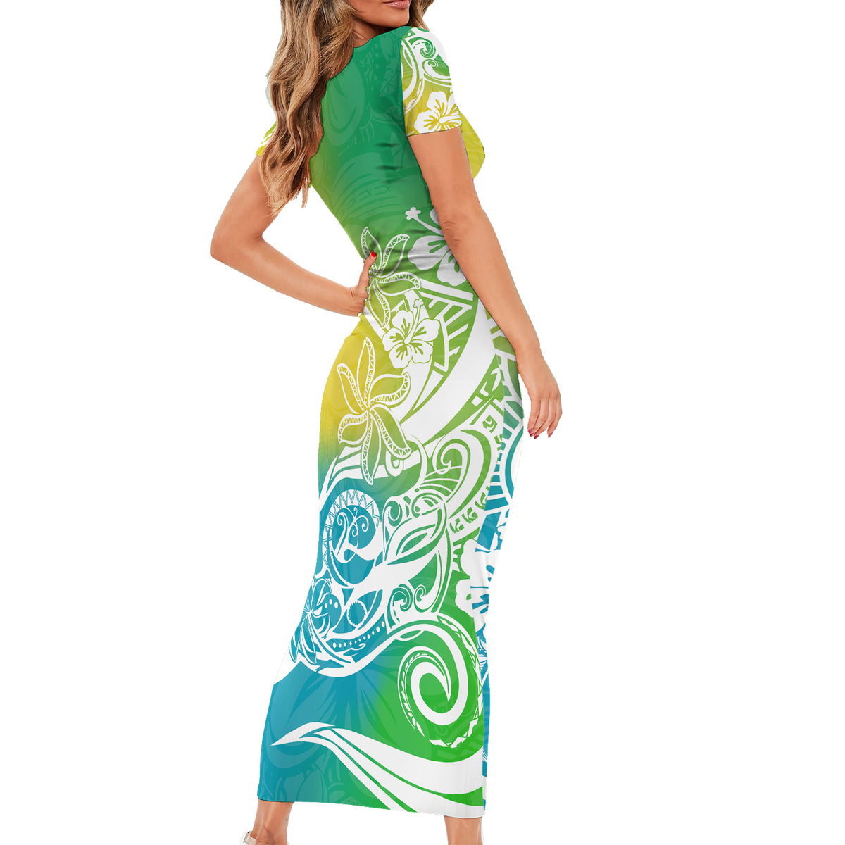 Polynesian Sunset Plumeria Short Sleeve Bodycon Dress Pacific Island Tribal Green Style LT9 - Polynesian Pride