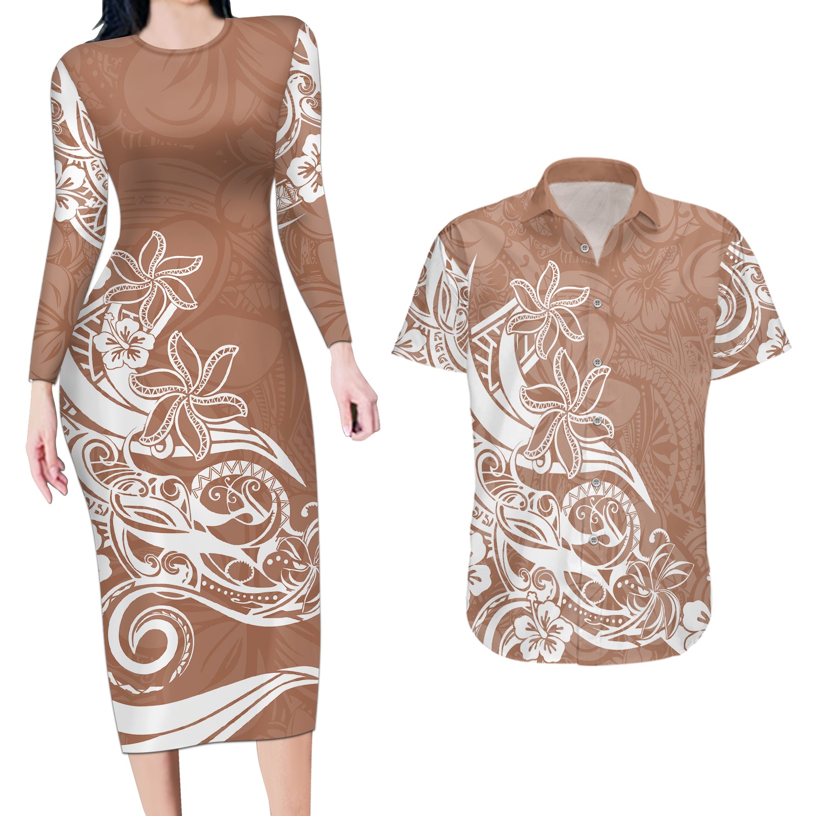 Polynesian Sunset Plumeria Couples Matching Long Sleeve Bodycon Dress and Hawaiian Shirt Pacific Island Tribal Nude Style LT9 Nude - Polynesian Pride