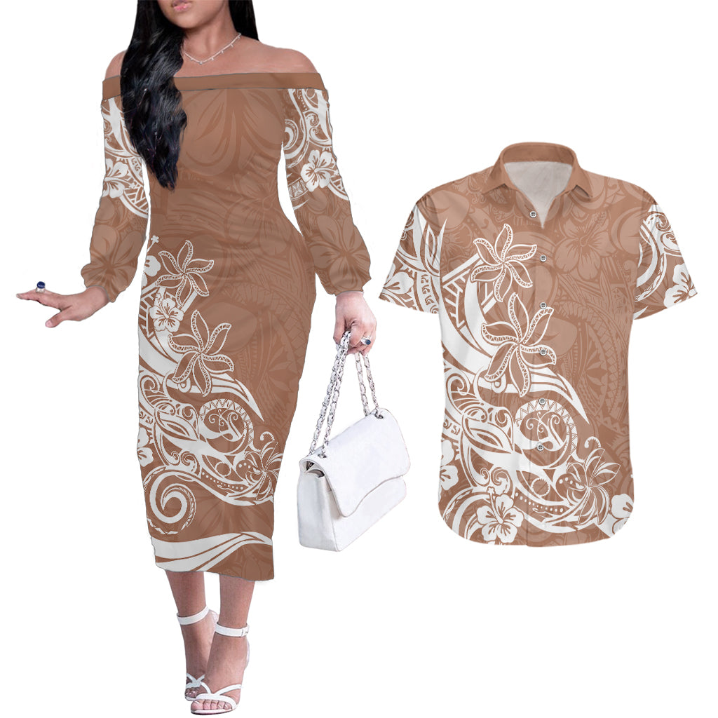 Polynesian Sunset Plumeria Couples Matching Off The Shoulder Long Sleeve Dress and Hawaiian Shirt Pacific Island Tribal Nude Style LT9 Nude - Polynesian Pride