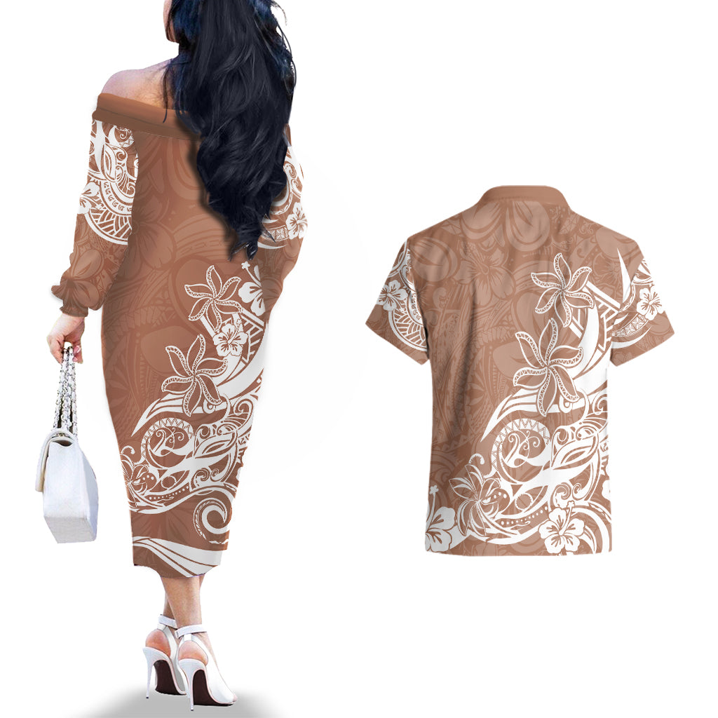 Polynesian Sunset Plumeria Couples Matching Off The Shoulder Long Sleeve Dress and Hawaiian Shirt Pacific Island Tribal Nude Style LT9 - Polynesian Pride