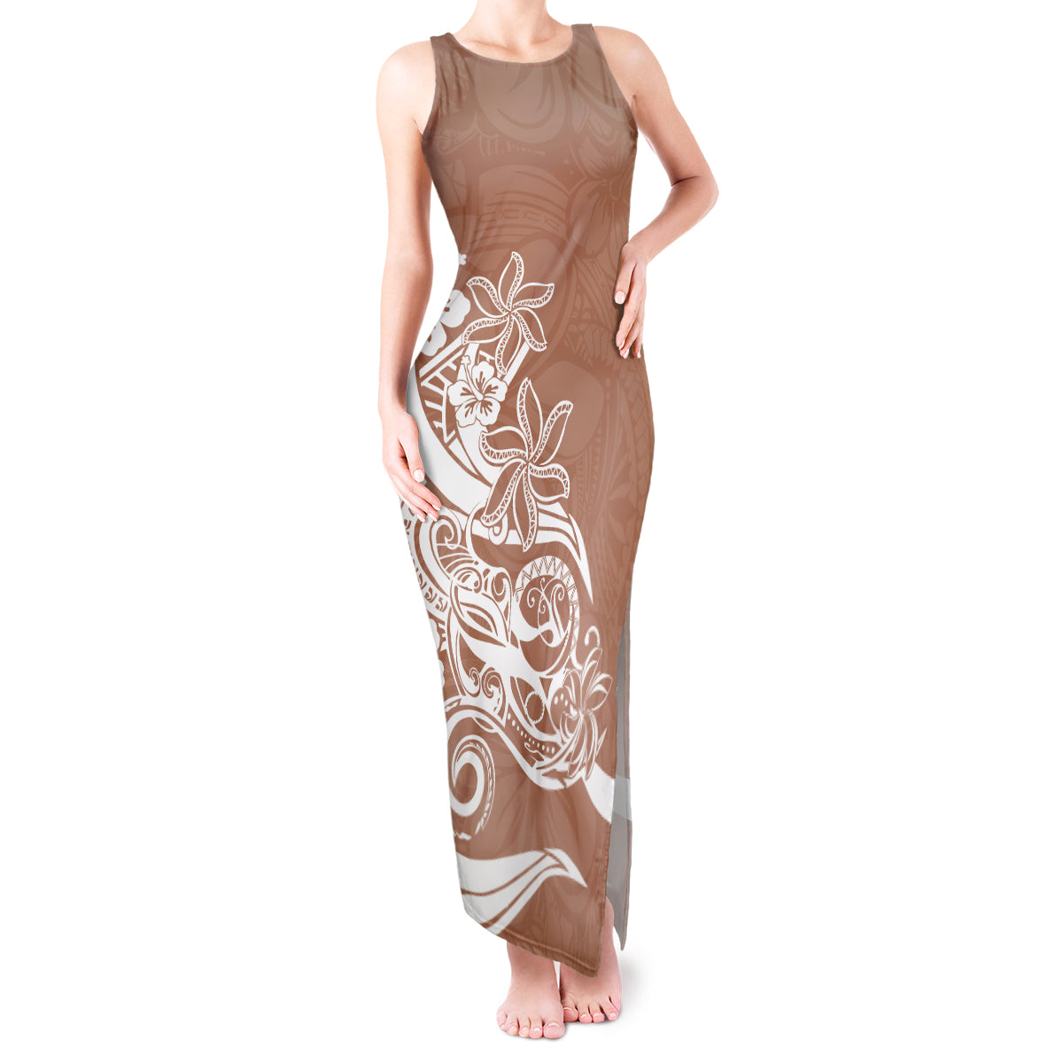 Polynesian Sunset Plumeria Tank Maxi Dress Pacific Island Tribal Nude Style LT9 Women Nude - Polynesian Pride