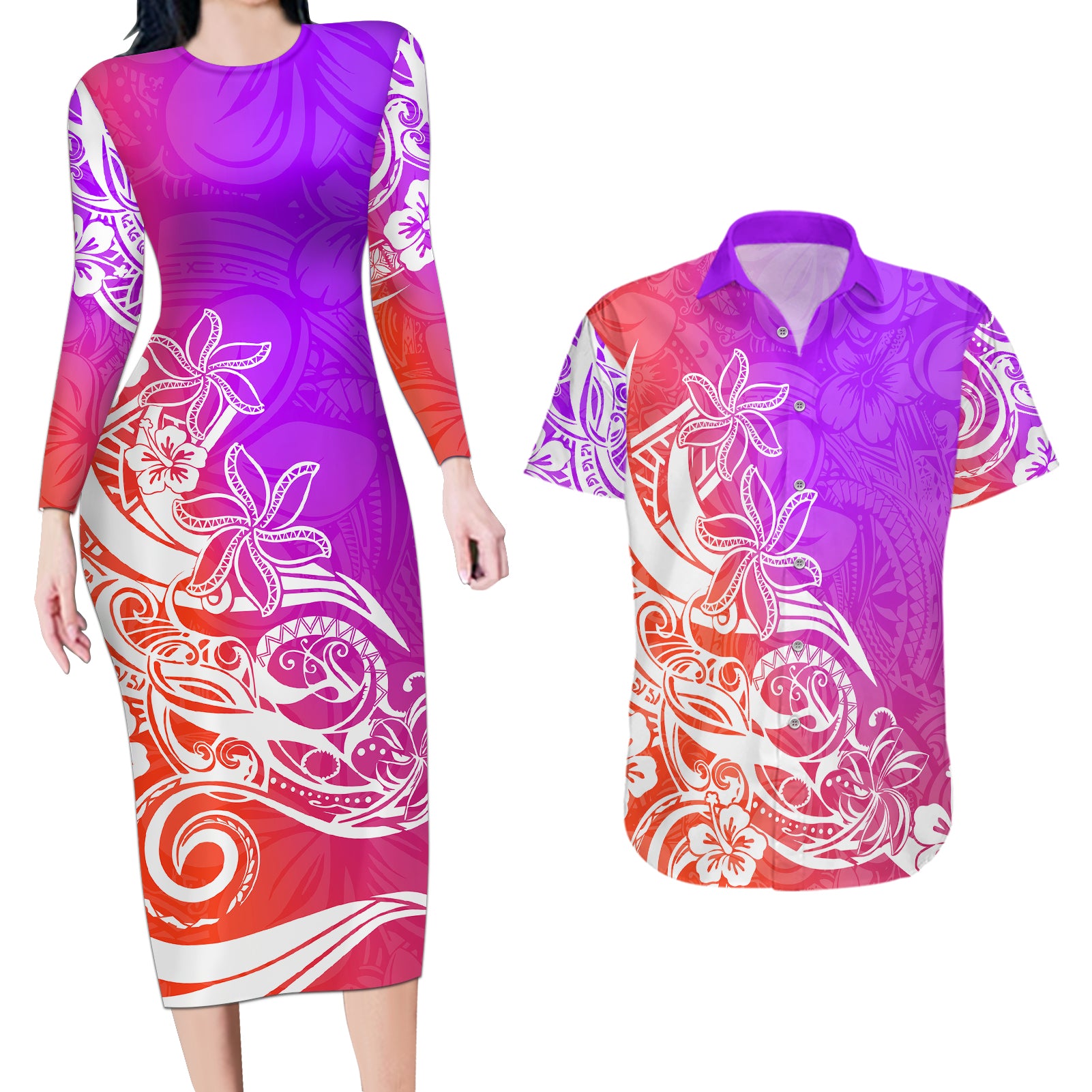 Polynesian Sunset Plumeria Couples Matching Long Sleeve Bodycon Dress and Hawaiian Shirt Pacific Island Tribal Purple Style LT9 Purple - Polynesian Pride