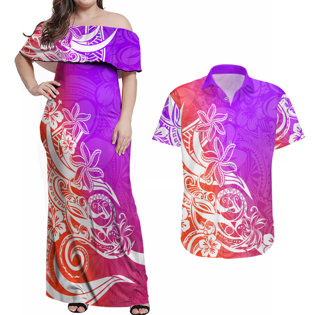 Polynesian Sunset Plumeria Couples Matching Off Shoulder Maxi Dress and Hawaiian Shirt Pacific Island Tribal Purple Style LT9 Purple - Polynesian Pride