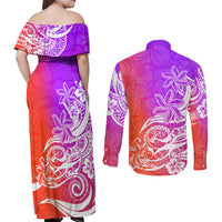 Polynesian Sunset Plumeria Couples Matching Off Shoulder Maxi Dress and Long Sleeve Button Shirts Pacific Island Tribal Purple Style LT9 - Polynesian Pride